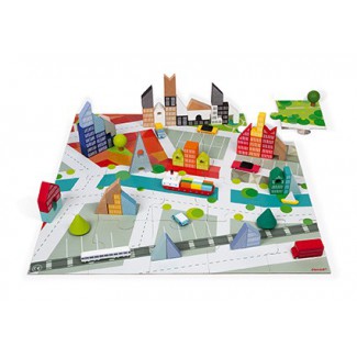 Janod Drevené kocky Kubix Mesto 60 ks s puzzle