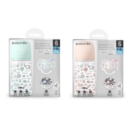 SUAVINEX | SADA FĽAŠA 270ml + cumlík  fyziologický 0/6m + klip MEMORIES - ružová