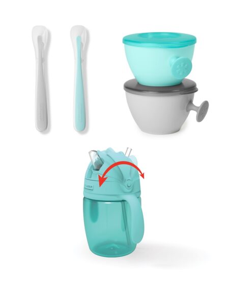 SKIP HOP Set jedálenský s hrnčekom 5 ks Easy-Feed Mealtime Set Teal/Grey