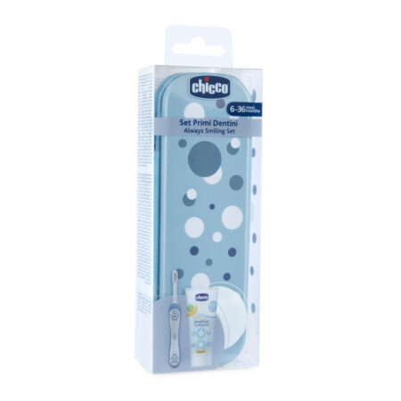 CHICCO Set zubná kefka a pasta v puzdre Always smiling - light blue,