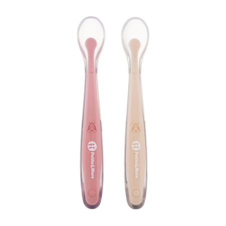 PETITE&MARS Silikónové lyžičky s puzdrom, sada 2 ks, Take&Match Sand - Rose 6m+